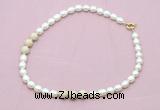 CFN359 9 - 10mm rice white freshwater pearl & white fossil jasper necklace wholesale