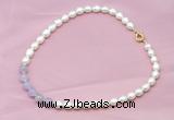 CFN401 9-10mm rice white freshwater pearl & lavender amethyst necklace