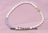 CFN401 9-10mm rice white freshwater pearl & lavender amethyst necklace