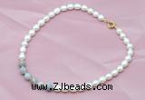 CFN404 9-10mm rice white freshwater pearl & grey banded agate necklace