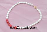 CFN406 9-10mm rice white freshwater pearl & red banded agate necklace