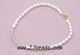 CFN414 9 - 10mm rice white freshwater pearl & rose quartz necklace