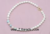 CFN415 9 - 10mm rice white freshwater pearl & morganite necklace