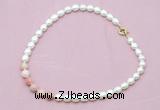 CFN417 9 - 10mm rice white freshwater pearl & pink opal necklace