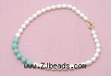 CFN421 9 - 10mm rice white freshwater pearl & amazonite necklace