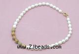 CFN425 9 - 10mm rice white freshwater pearl & yellow crazy lace agate necklace