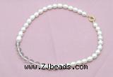 CFN431 9 - 10mm rice white freshwater pearl & white crystal necklace