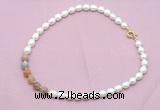 CFN437 9 - 10mm rice white freshwater pearl & rainbow moonstone necklace