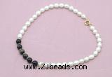 CFN438 9 - 10mm rice white freshwater pearl & golden obsidian necklace