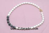 CFN439 9 - 10mm rice white freshwater pearl & snowflake obsidian necklace