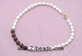 CFN440 9 - 10mm rice white freshwater pearl & mahogany obsidian necklace