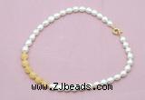 CFN442 9 - 10mm rice white freshwater pearl & honey jade necklace