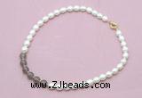 CFN443 9 - 10mm rice white freshwater pearl & grey agate gemstone necklace