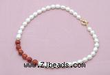 CFN444 9 - 10mm rice white freshwater pearl & red banded agate necklace