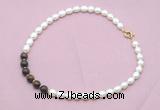 CFN446 9 - 10mm rice white freshwater pearl & bronzite gemstone necklace