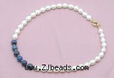 CFN451 9 - 10mm rice white freshwater pearl & dumortierite gemstone necklace