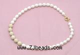 CFN459 9 - 10mm rice white freshwater pearl & white fossil jasper necklace