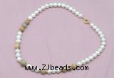 CFN514 9mm - 10mm potato white freshwater pearl & yellow crazy lace agate necklace