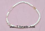 CFN517 9mm - 10mm potato white freshwater pearl & rose quartz necklace
