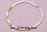 CFN522 9mm - 10mm potato white freshwater pearl & yellow banded agate necklace