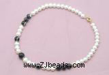 CFN525 9mm - 10mm potato white freshwater pearl & black banded agate necklace