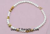 CFN526 9mm - 10mm potato white freshwater pearl & golden tiger eye necklace