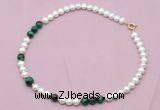 CFN528 9mm - 10mm potato white freshwater pearl & green tiger eye necklace