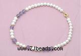 CFN532 9mm - 10mm potato white freshwater pearl & amethyst gemstone necklace