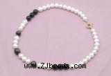 CFN538 9mm - 10mm potato white freshwater pearl & golden obsidian necklace