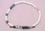 CFN539 9mm - 10mm potato white freshwater pearl & snowflake obsidian necklace