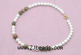 CFN547 9mm - 10mm potato white freshwater pearl & unakite gemstone necklace