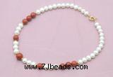 CFN561 9mm - 10mm potato white freshwater pearl & red jasper necklace