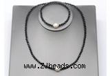 CFN627 4mm faceted round black spinel & potato white freshwater pearl jewelry set