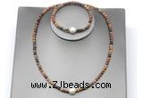 CFN638 4mm faceted round picasso jasper & potato white freshwater pearl jewelry set