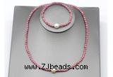 CFN642 4mm faceted round pink wooden jasper & potato white freshwater pearl jewelry set