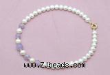 CFN705 9mm - 10mm potato white freshwater pearl & lavender amethyst necklace