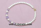 CFN705 9mm - 10mm potato white freshwater pearl & lavender amethyst necklace