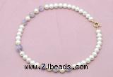 CFN707 9mm - 10mm potato white freshwater pearl & lavender amethyst necklace