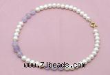 CFN708 9mm - 10mm potato white freshwater pearl & lavender amethyst necklace