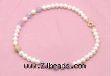 CFN709 9mm - 10mm potato white freshwater pearl & lavender amethyst necklace