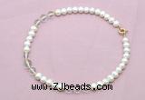 CFN710 9mm - 10mm potato white freshwater pearl & white crystal necklace