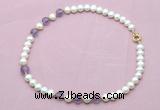 CFN712 9mm - 10mm potato white freshwater pearl & amethyst necklace