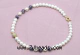 CFN713 9mm - 10mm potato white freshwater pearl & dogtooth amethyst necklace