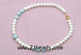 CFN716 9mm - 10mm potato white freshwater pearl & aquamarine necklace