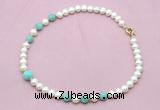 CFN722 9mm - 10mm potato white freshwater pearl & amazonite necklace