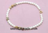 CFN734 9mm - 10mm potato white freshwater pearl & yellow crazy lace agate necklace