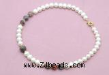 CFN735 9mm - 10mm potato white freshwater pearl & botswana agate necklace