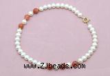 CFN737 9mm - 10mm potato white freshwater pearl & fire agate necklace