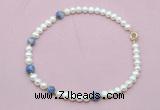 CFN742 9mm - 10mm potato white freshwater pearl & blue spot stone necklace