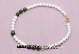 CFN748 9mm - 10mm potato white freshwater pearl & bronzite necklace